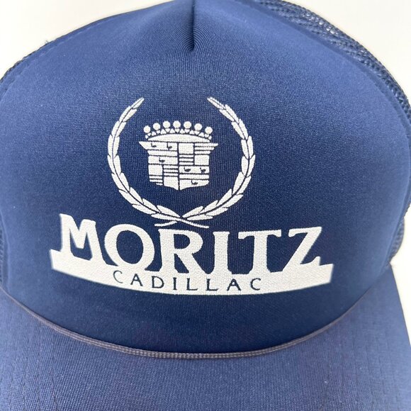 Vintage Moritz Cadillac Mesh Trucker Hat Baseball Cap Snapback Blue Crest Logo - Picture 2 of 8